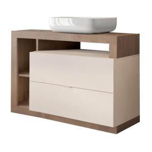 Meuble  vasque 110cm 2 tiroirs beige laqué et aspect bois f…