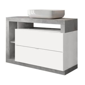 Meuble  vasque 110cm 2 tiroirs blanc laqué et aspect béton
