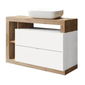 Meuble  vasque 110cm 2 tiroirs blanc laqué et aspect bois f…