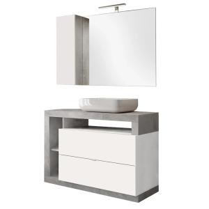 Meuble  vasque 110cm   miroir blanc et aspect béton
