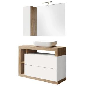 Meuble  vasque 110cm   miroir blanc et aspect bois finition…