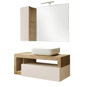Meuble  vasque 110cm suspendu   miroir beige et aspect bois…