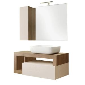 Meuble  vasque 110cm suspendu   miroir beige et aspect bois…