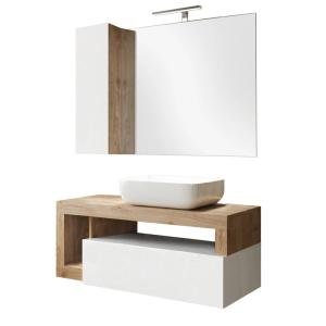 Meuble  vasque 110cm suspendu   miroir blanc et aspect bois…