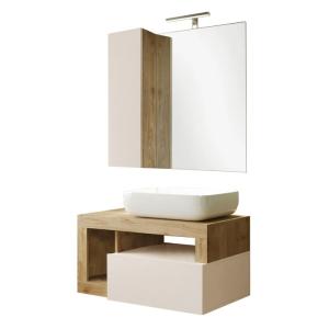 Meuble  vasque 78cm suspendu   miroir beige et aspect bois…