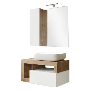 Meuble  vasque 78cm suspendu   miroir blanc et aspect bois…