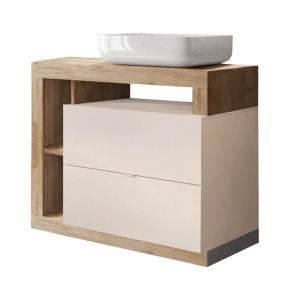 Meuble  vasque 92cm 2 tiroirs beige laqué et aspect bois fi…