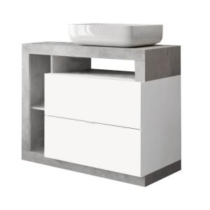 Meuble  vasque 92cm 2 tiroirs blanc laqué et aspect béton