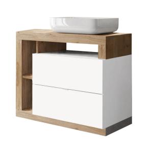 Meuble  vasque 92cm 2 tiroirs blanc laqué et aspect bois fi…