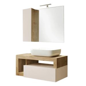 Meuble  vasque 92cm suspendu   miroir beige et aspect bois…