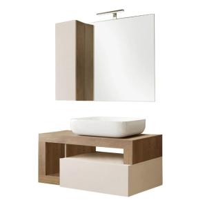 Meuble  vasque 92cm suspendu   miroir beige et aspect bois…