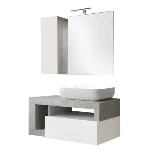Meuble  vasque 92cm suspendu   miroir blanc et aspect béton