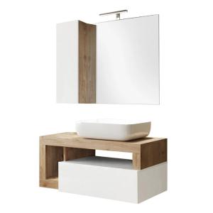 Meuble  vasque 92cm suspendu   miroir blanc et aspect bois…