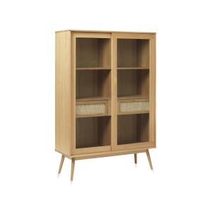 Meuble vitrine 2 portes 2 tiroirs bois et rotin
