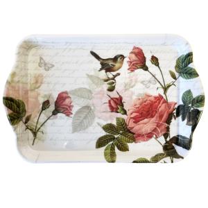 Mini plateau vide-poche rectangulaire roses et oiseau