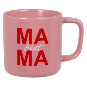 Mug en porcelaine rose avec inscriptions rouges et blanches