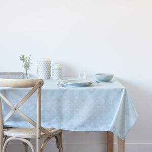 Nappe en coton bleu clair motifs écrus et bleu foncé150x250…
