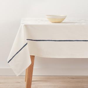 Nappe en tissu en coton blanche à rayures bleues 240x155