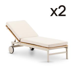 Pack 2 chaises longues beige avec coussin et lattes en bois