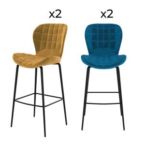 Pack 4 chaises de bar en velours jaune et bleu 75 cm