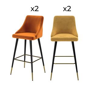 Pack 4 chaises de bar en velours orange et jaune 77,5 cm