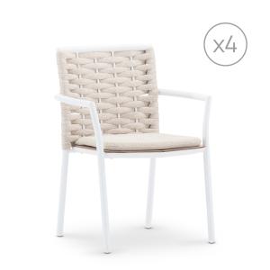 Pack de 4 chaises de jardin empilables blanc et corde beige