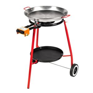 Paellera à gaz 2 brûleurs sur chariot en acier rouge