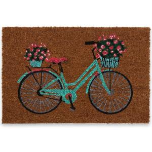 Paillasson coco et caoutchouc vélo bleu fleuri 60x40cm