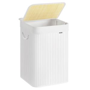 Panier à linge 95 l couvercle en bambou poignées pliable bl…