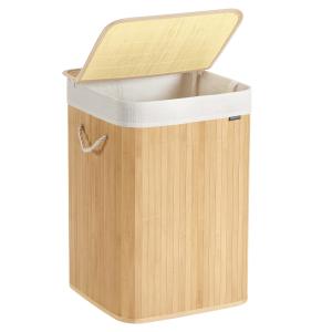 Panier à linge 95l couvercle en bambou poignées pliable cou…