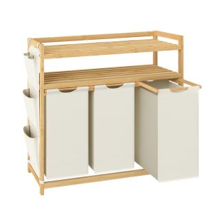 Panier à linge avec 3 compartiments en bambou 3 x 50 l blan…