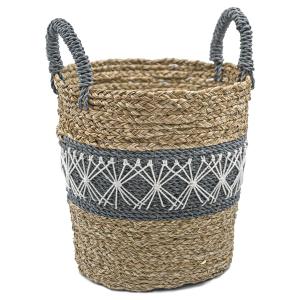 Panier de rangement en fibres naturelles grises et coton bl…