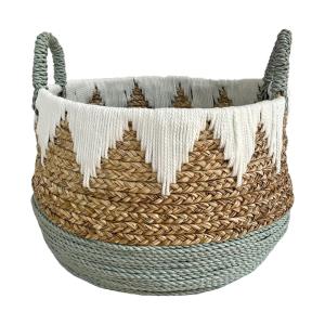 Panier de rangement en fibres naturelles vertes et coton bl…