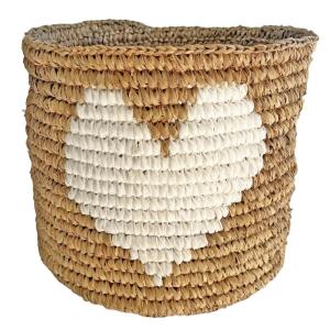 Panier de rangement en raphia et coton blanc avec motif cœu…