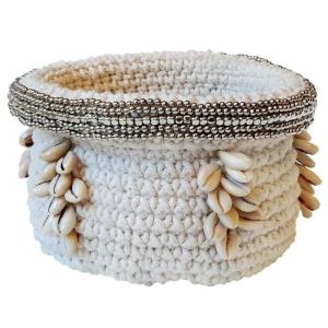 Panier en crochet et coquillages, blanc D17 x H15 cm