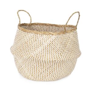 Panier en jonc de mer beige et blanc H36cm