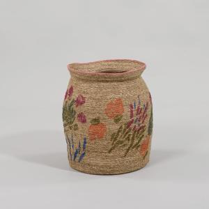 Panier en jonc de mer motif floral multicolore