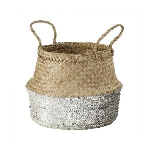 Panier rond tressé jonc de mer en sequin - Argent
