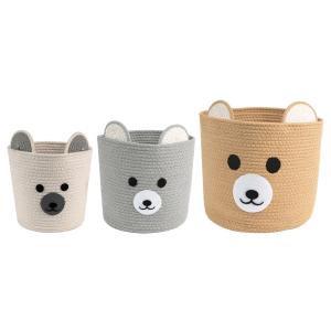 Paniers enfant famille ours en coton (x3), brun/gris/blanc