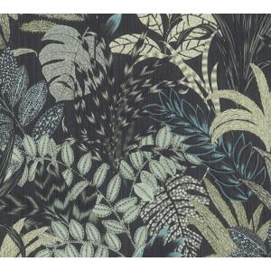 papel pintado hojas tropicales gris carbón, verde y azul 53…