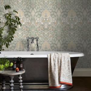 Papier peint doux colombes et rosiers vert beige 1005x52cm
