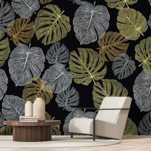 Papier peint motif feuilles monstera sur fond noir 312x270cm