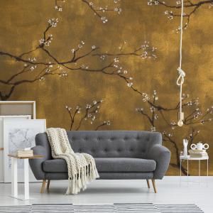 Papier peint panoramique intissé cerisiers Japonais or 300x…