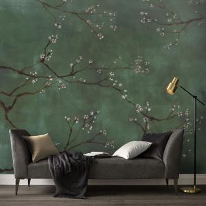 Papier peint panoramique intissé cerisiers Japonais vert 30…