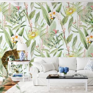 Papier peint panoramique motifs fleurs jardin tropical blan…