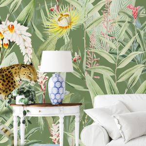 Papier peint panoramique motifs fleurs jardin tropical vert…