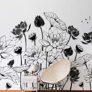 Papier peint panoramique nympheas noir et blanc 255x250cm-m…