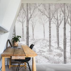 Papier peint panoramique paysage forêt de bouleau gris 300x…