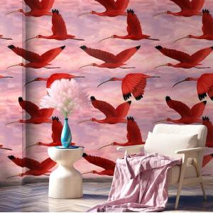 Papier Peint Rose Oiseaux au Coucher du Soleil en papier,20…