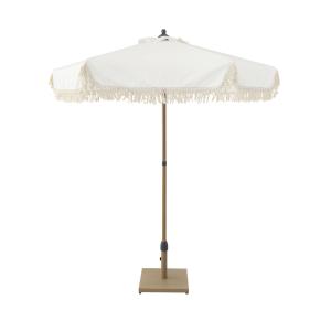 Parasol droit à franges 2m, beige, acier, mât effet bois